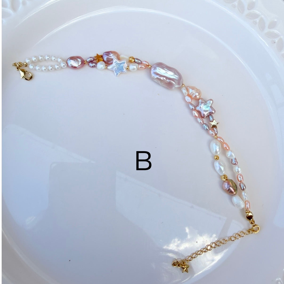 Baroque Pearl Bracelet – Handmade Irregular Freshwater Pearl Star Charm Bracelet (Pink & Gold)