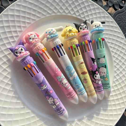 Kawaii Sanrio Multi - Color Ballpoint Pen - 10 Colors in One, Adorable Cartoon Character Design for School & Office